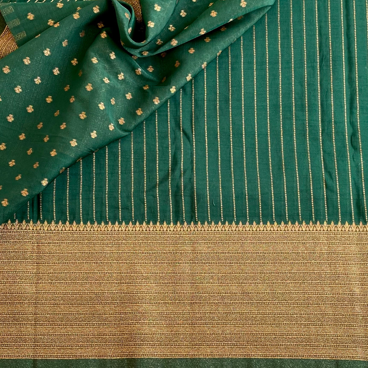 Bottle Green Soft Tussar Silk Saree With Antique Gold Pallu