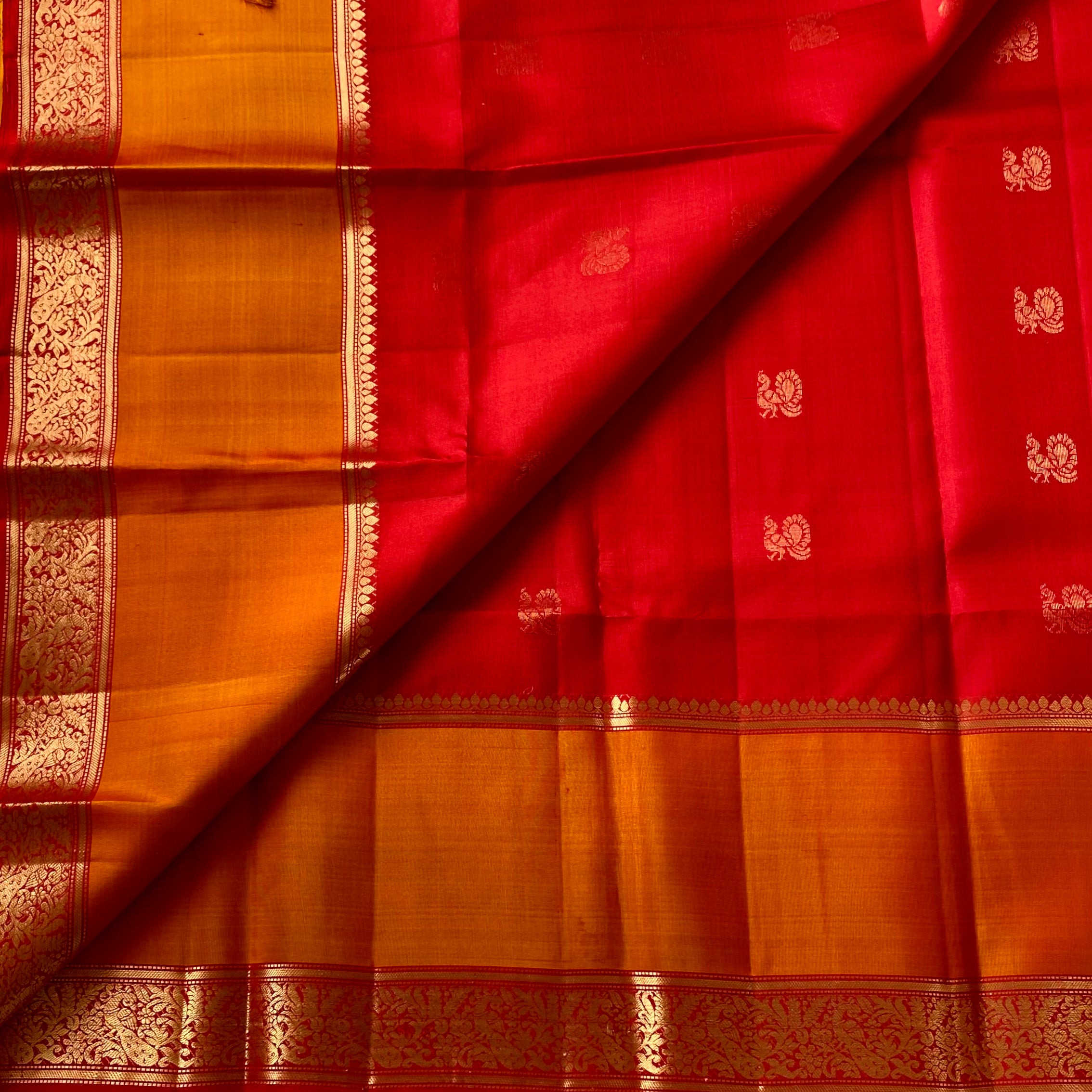 Navi • Crimson Red with sunset orange new combo in designer pure silk