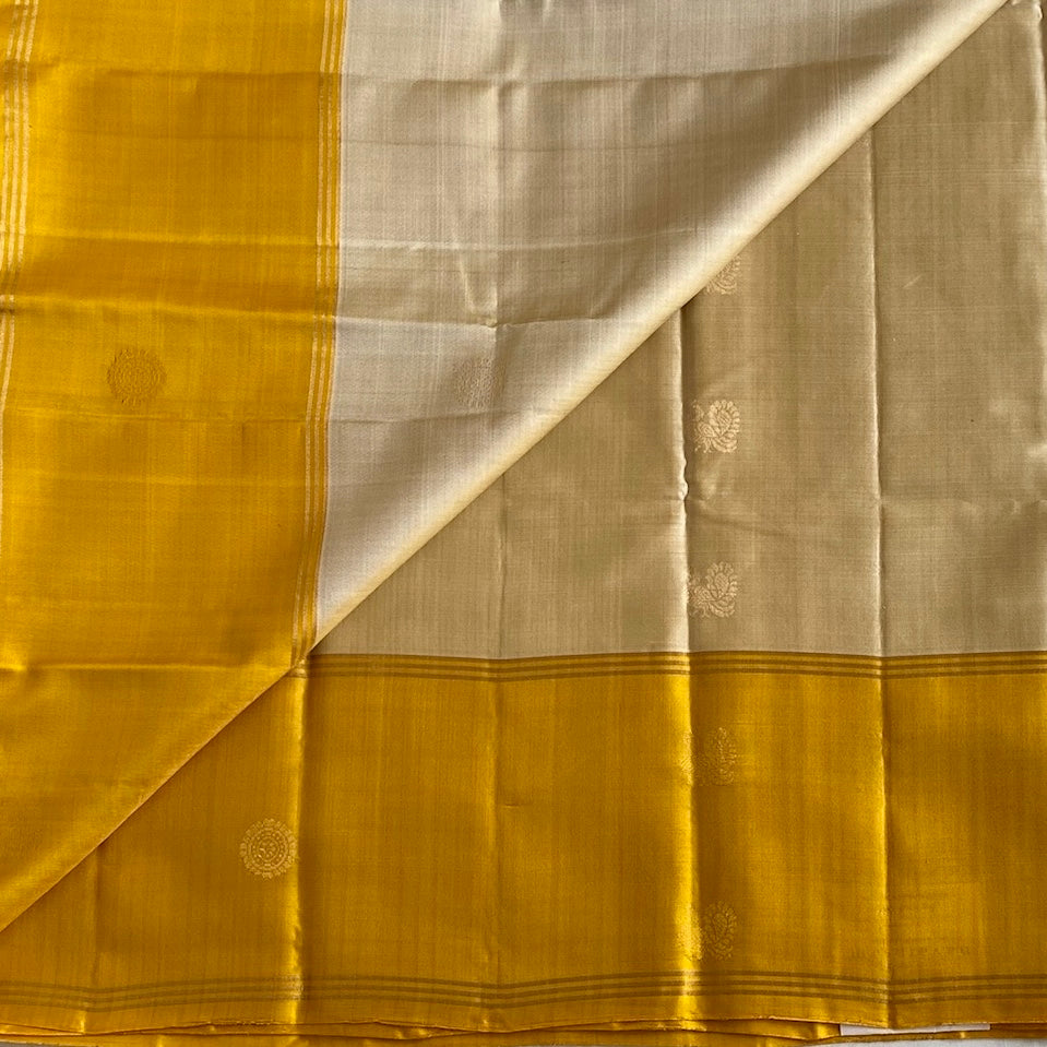 Mustard Yellow Designer Pure Silk Saree With Champagne Beige Contrast