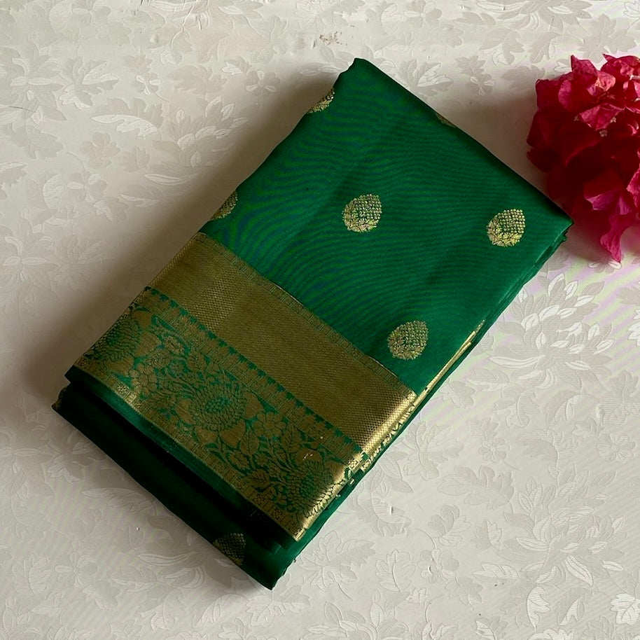 Emerald Green Designer Pure Silk Saree With Metallic Gold Paisley Panels