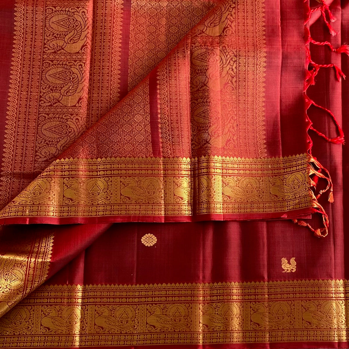 Deep Reddish Maroon Designer Pure Silk Saree With Antique Gold Zari