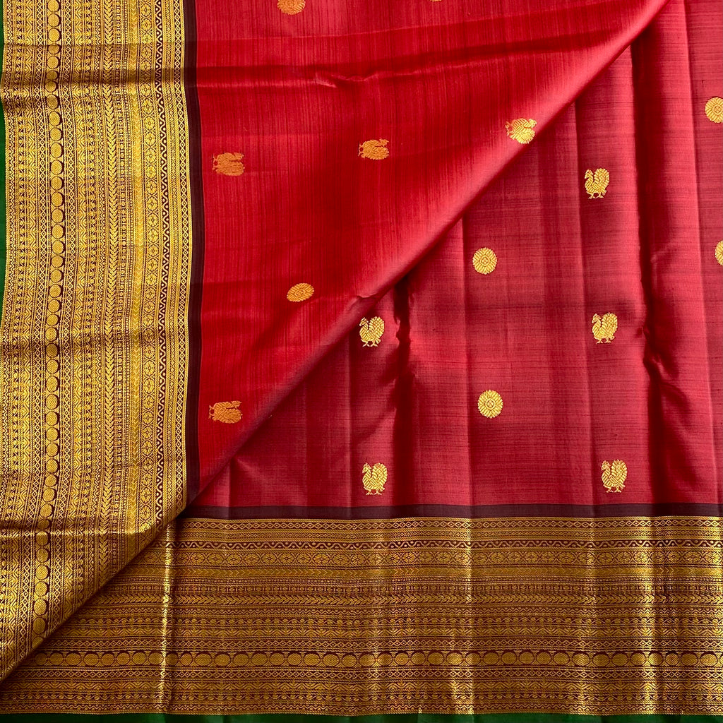 Maroonish Red Kanjeevaram Pure Zari Silk Saree With Wine Brown Pallu
