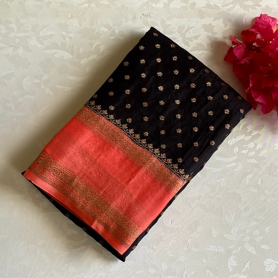 Jet Black Banarasi Crepe Silk Saree With Coral Red Pallu