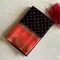 Jet Black Banarasi Crepe Silk Saree With Coral Red Pallu