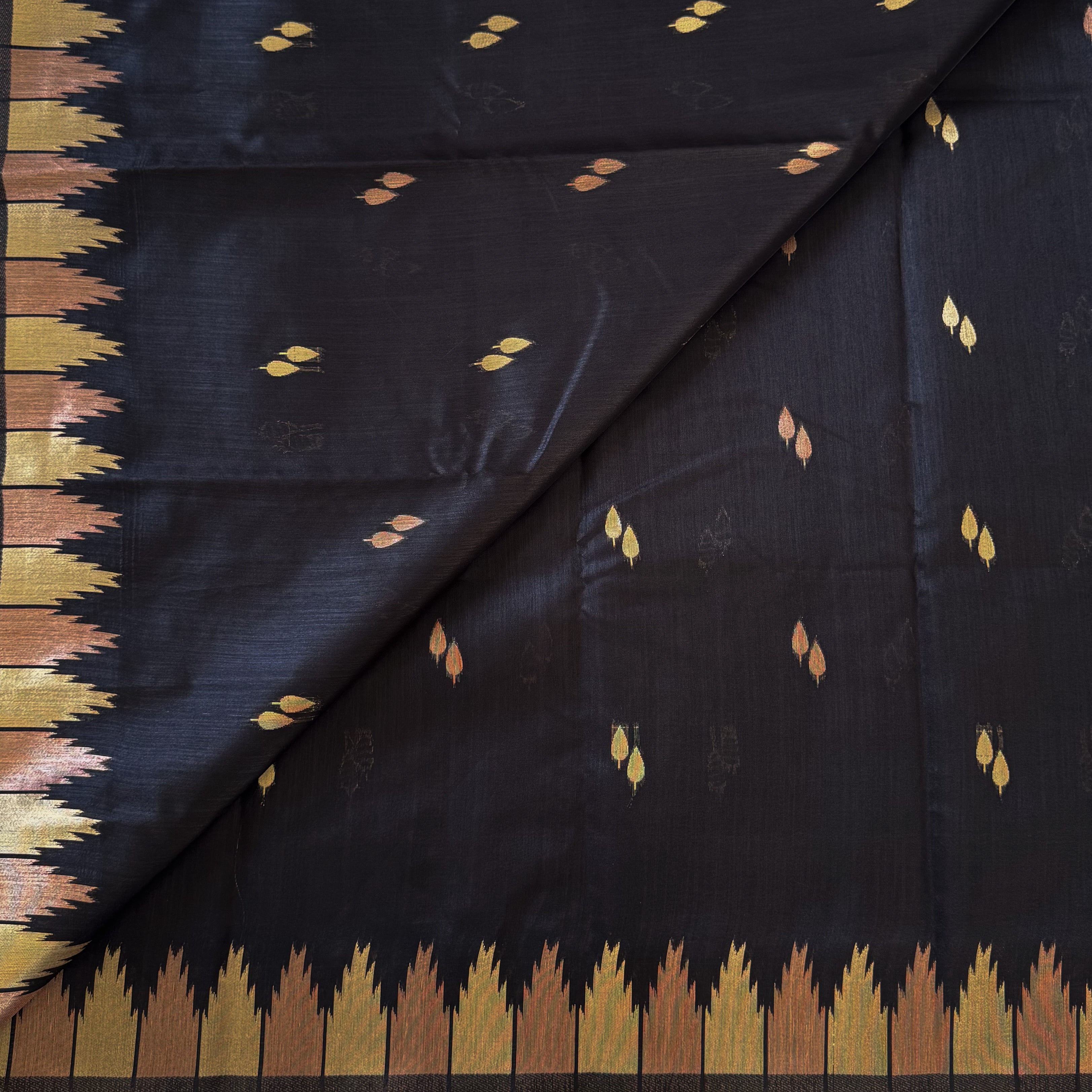 Burgundy Black Ikat Saree with Gold Temple Border Festive Wear