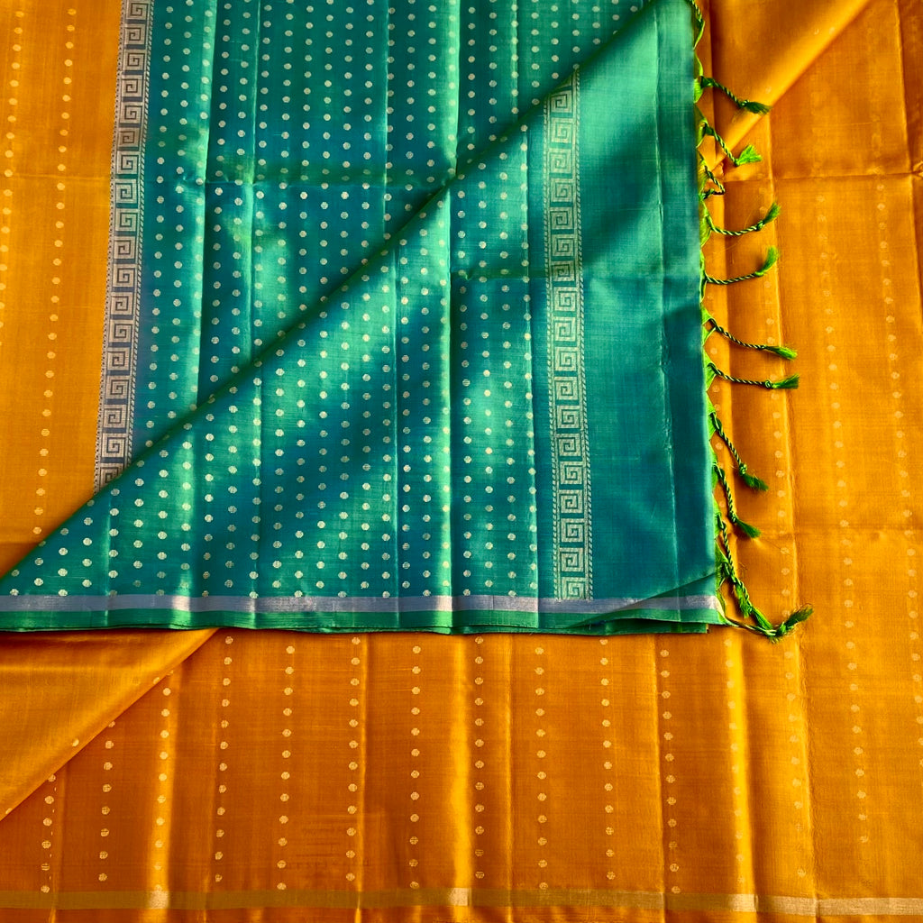 Mustard Yellow Designer Pure Silk Saree With Peacock Green Pallu