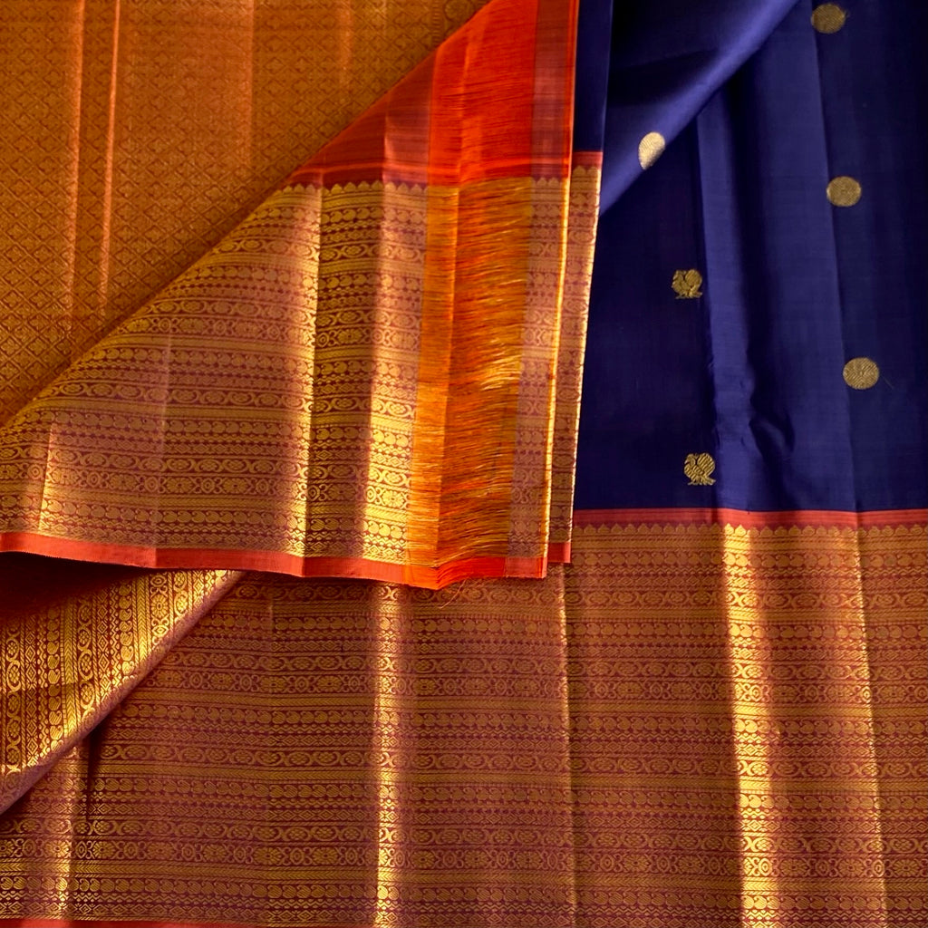 Classic Midnight Blue with Burnt Orange Pure Zari Kanjeevaram Silk
