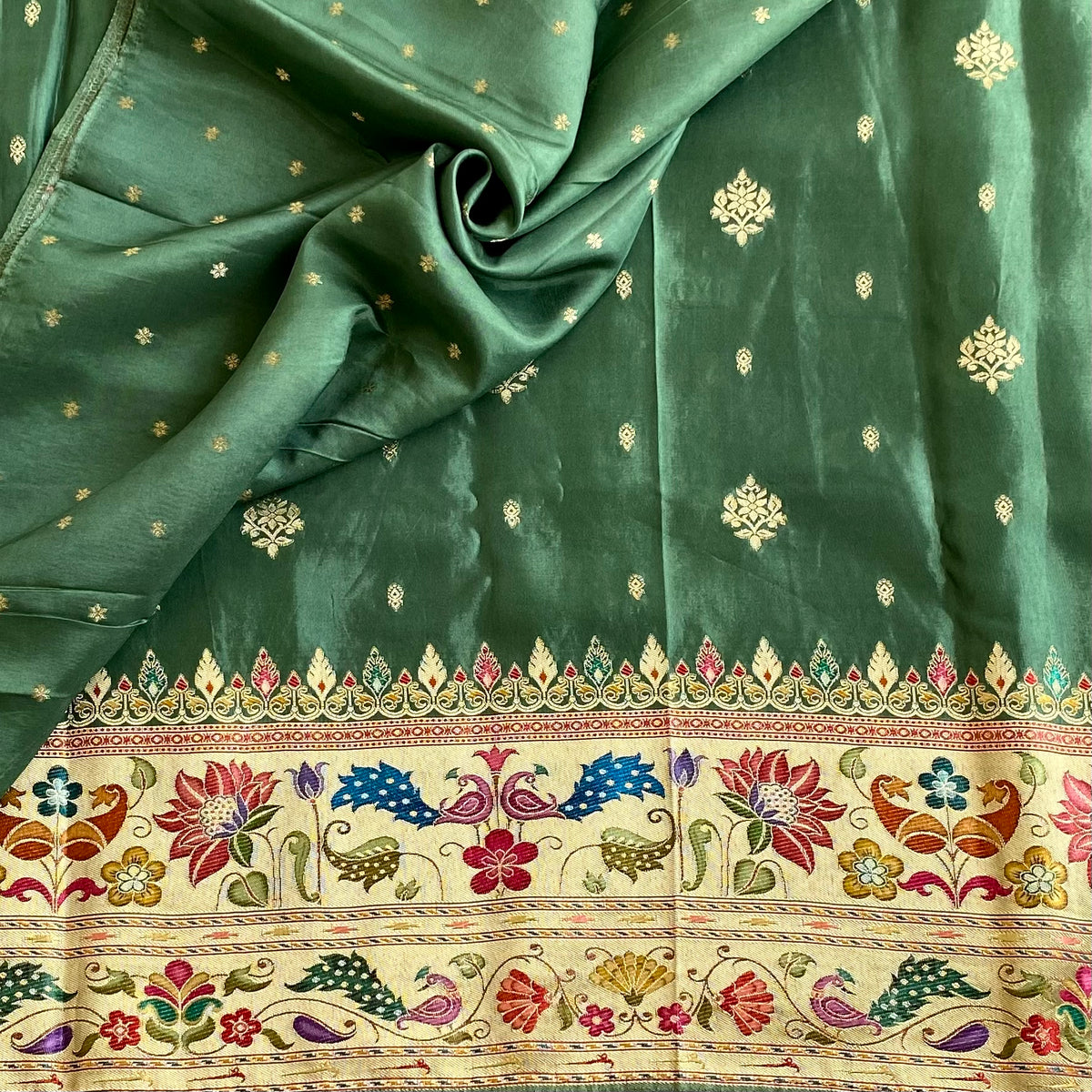 Metallic Sage Green Soft Meenakari Tussar Silk Saree With Antique Gold Floral Pallu