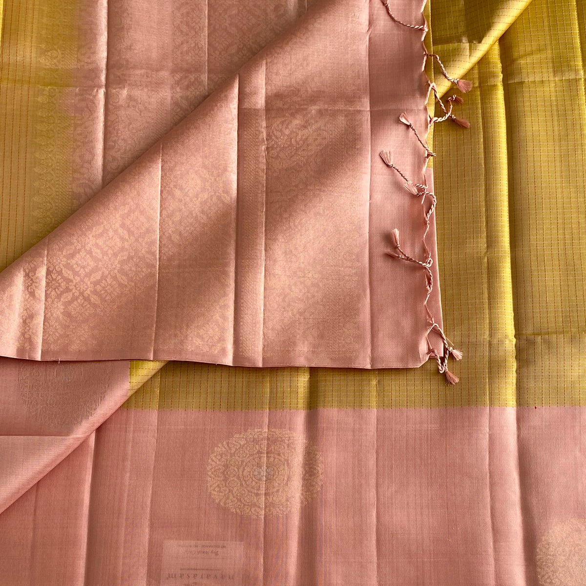 Light Pastel Olive & Dusty Rose Designer Pure Silk Saree With Antique Gold Accents