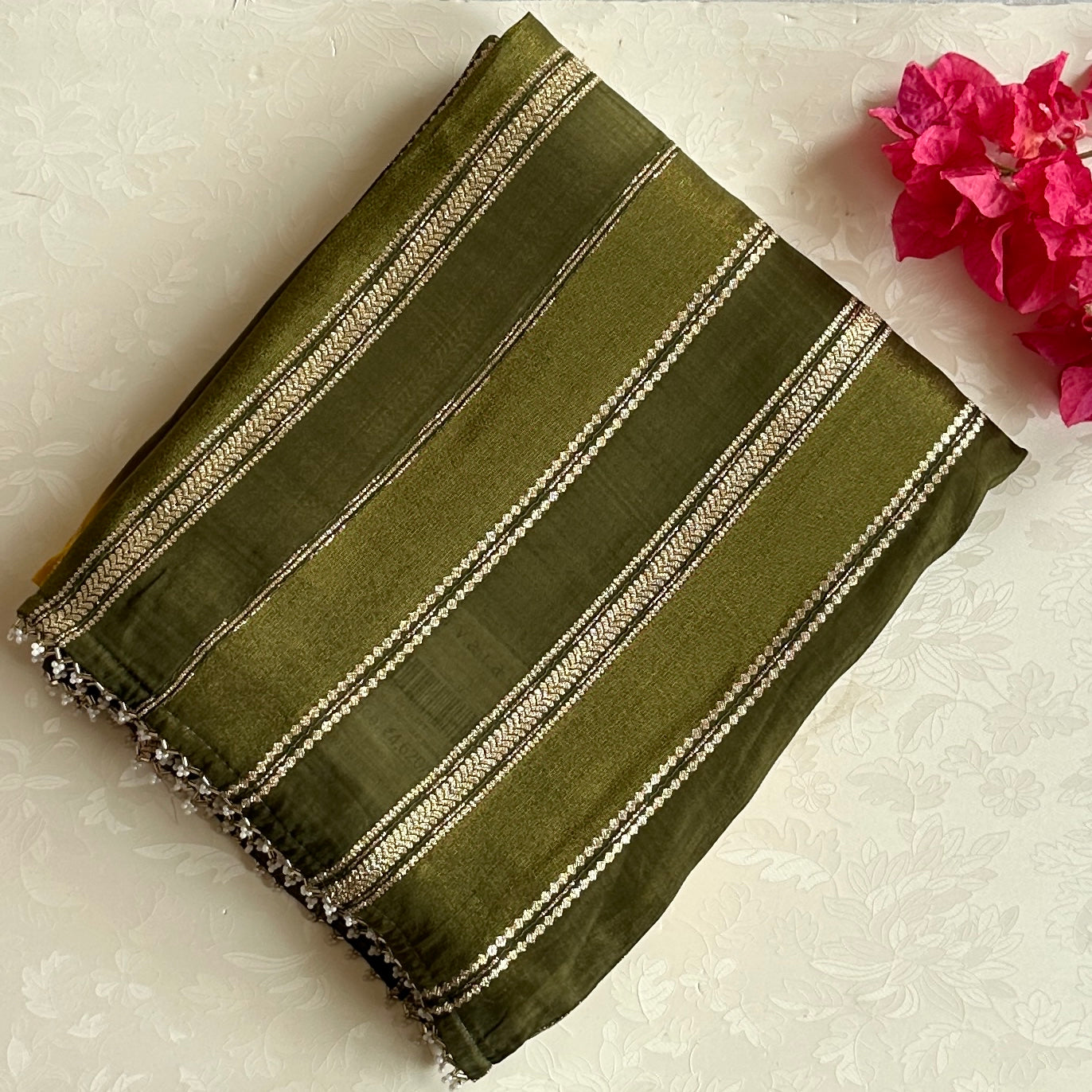 Olive Green Silk Saree Mustard Pallu Gold Zari Striped Design