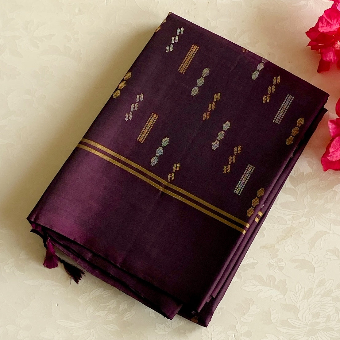 Plum Silk Zari Brocade Saree Floral Pallu And Gold Border