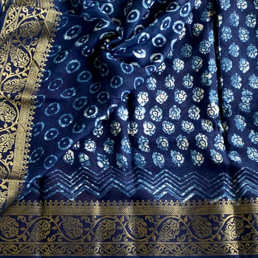 AJRAKH HANDBLOCK PRINTED SILK Tussar Deep Navy Blue Metallic Gold Saree