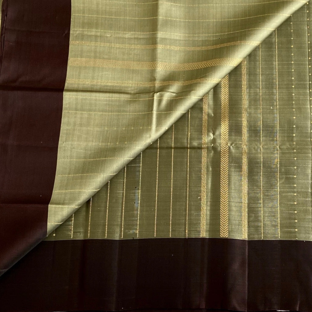 Sage Green Designer Pure Silk Saree With Chocolate Brown Pallu