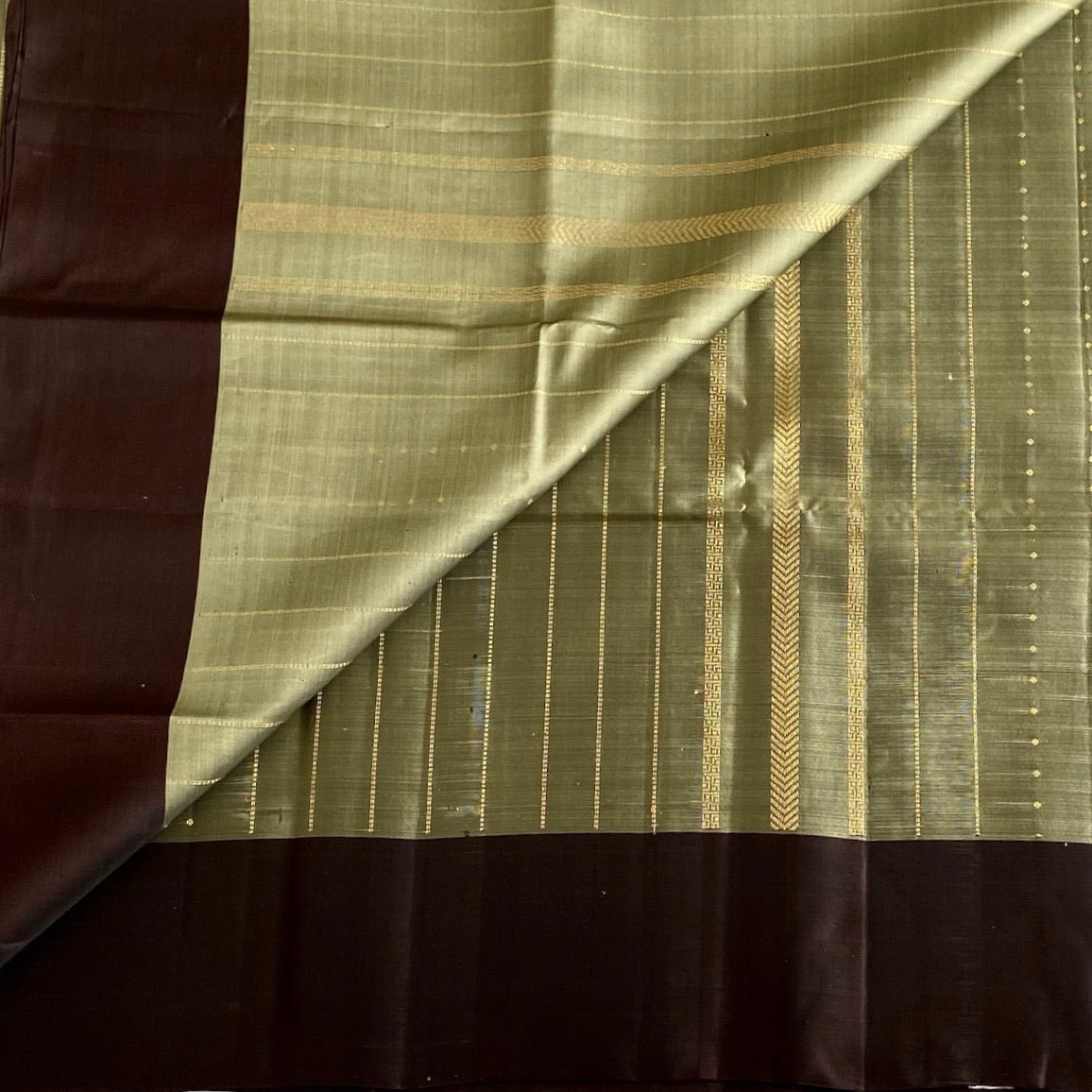 Sage Green Designer Pure Silk Saree With Chocolate Brown Pallu