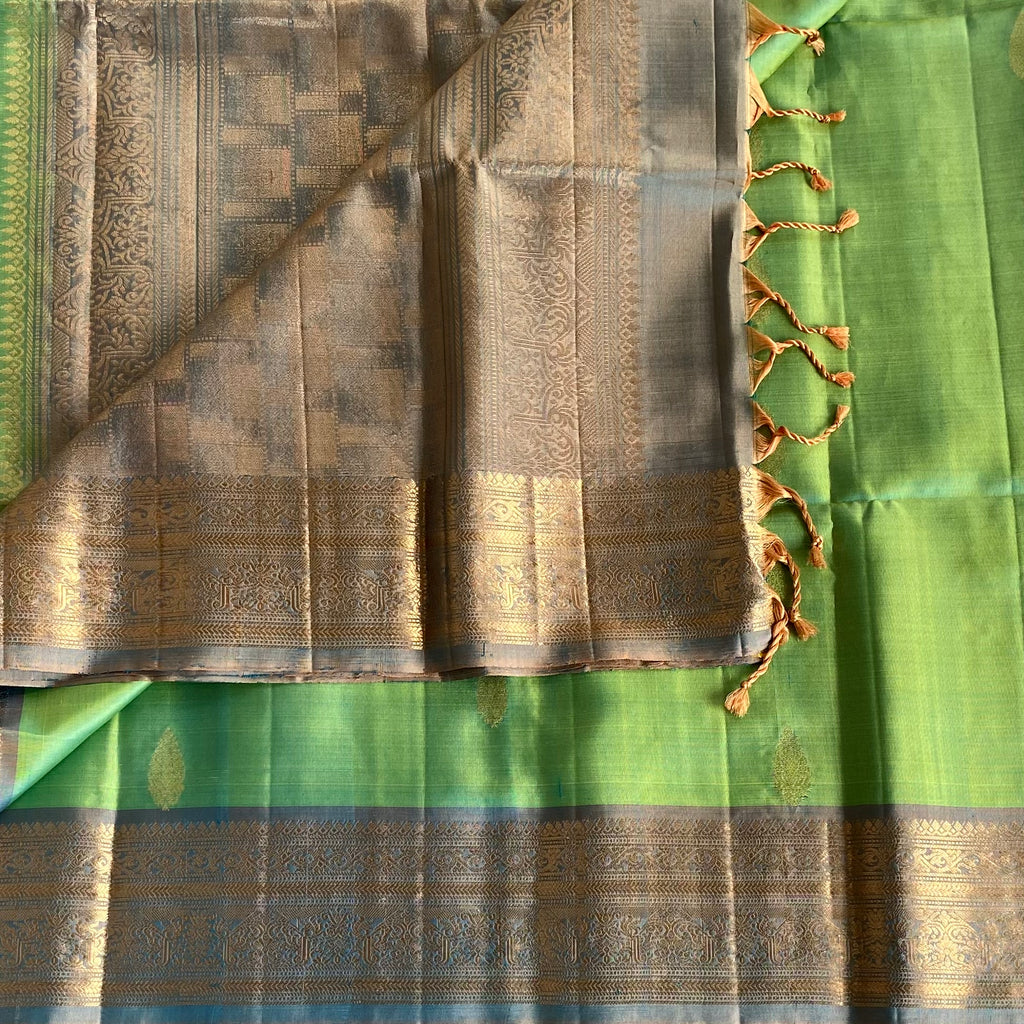 Lime Green Designer Pure Silk Saree With Slate Grey Pallu