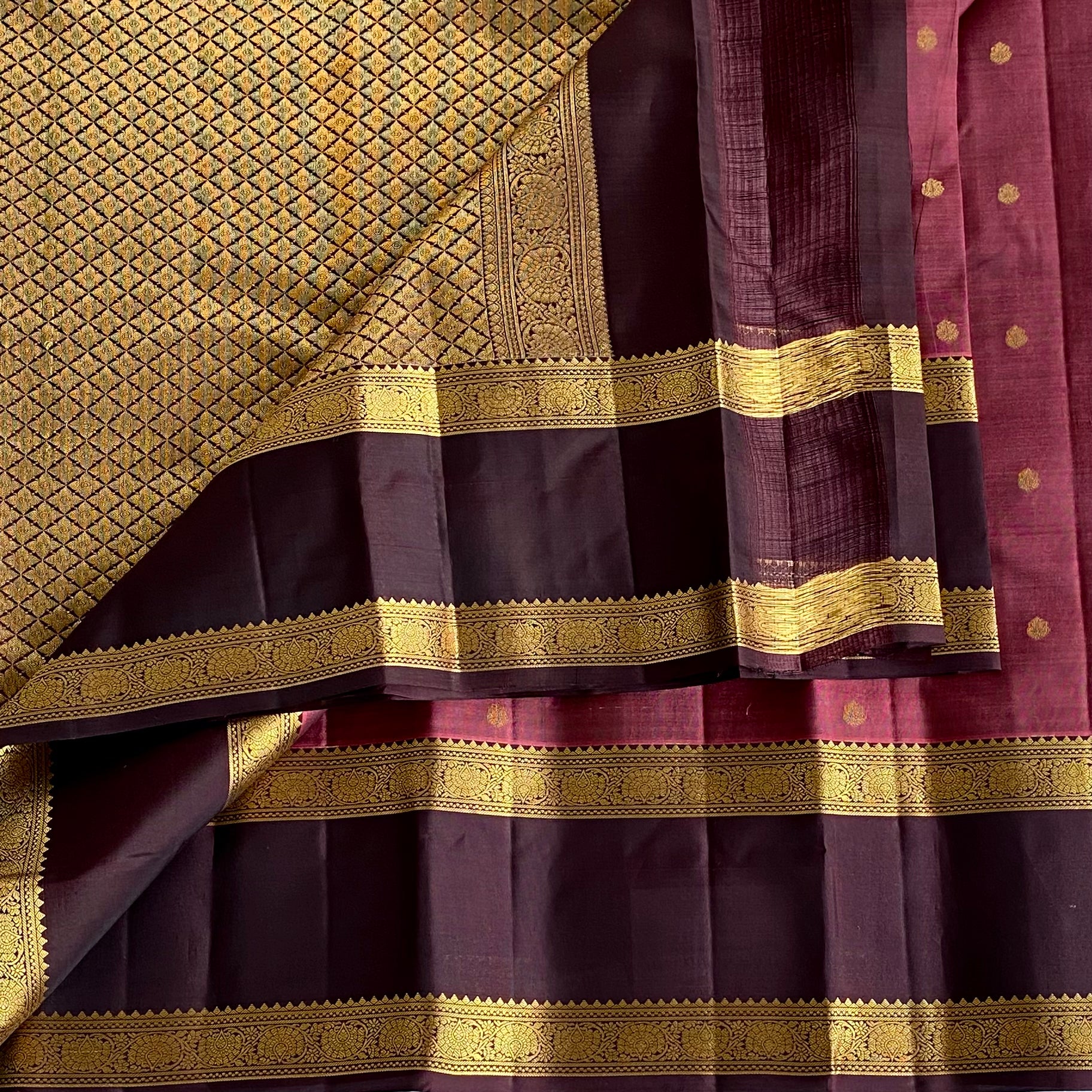 Metallic Mauve Designer Pure Silk Saree Espresso Wine Pallu Gold Zari Border