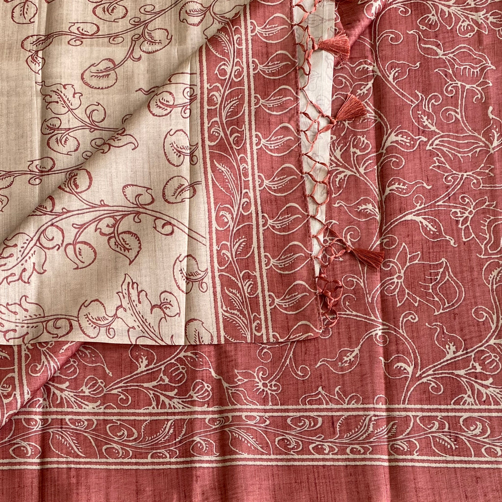 Brick Red Soft Tussar Silk Saree With Beige Floral Print Pallu