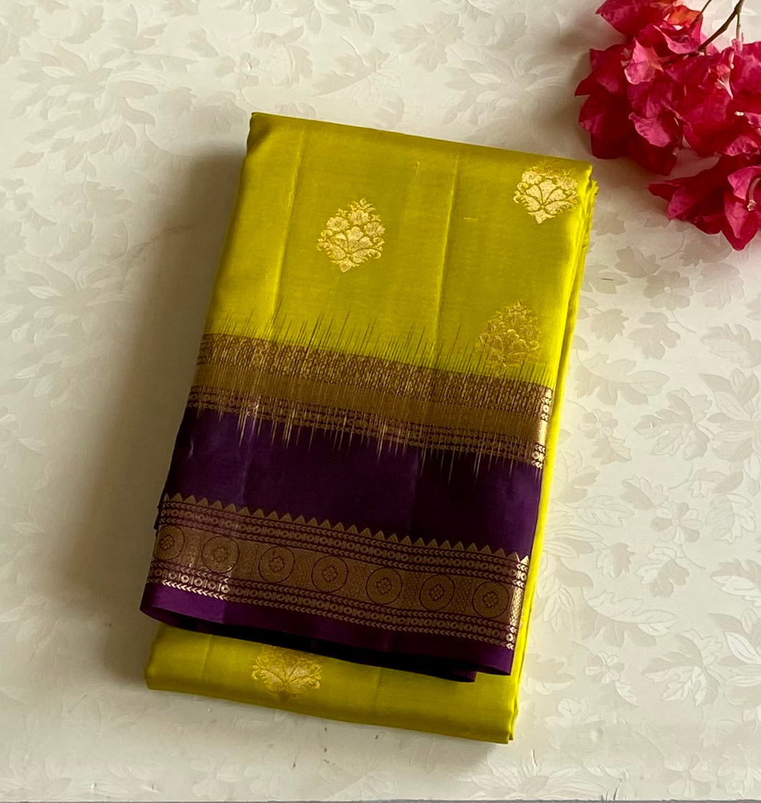 Lime Yellow Silk Saree Plum Purple Gold Woven Border Elegant