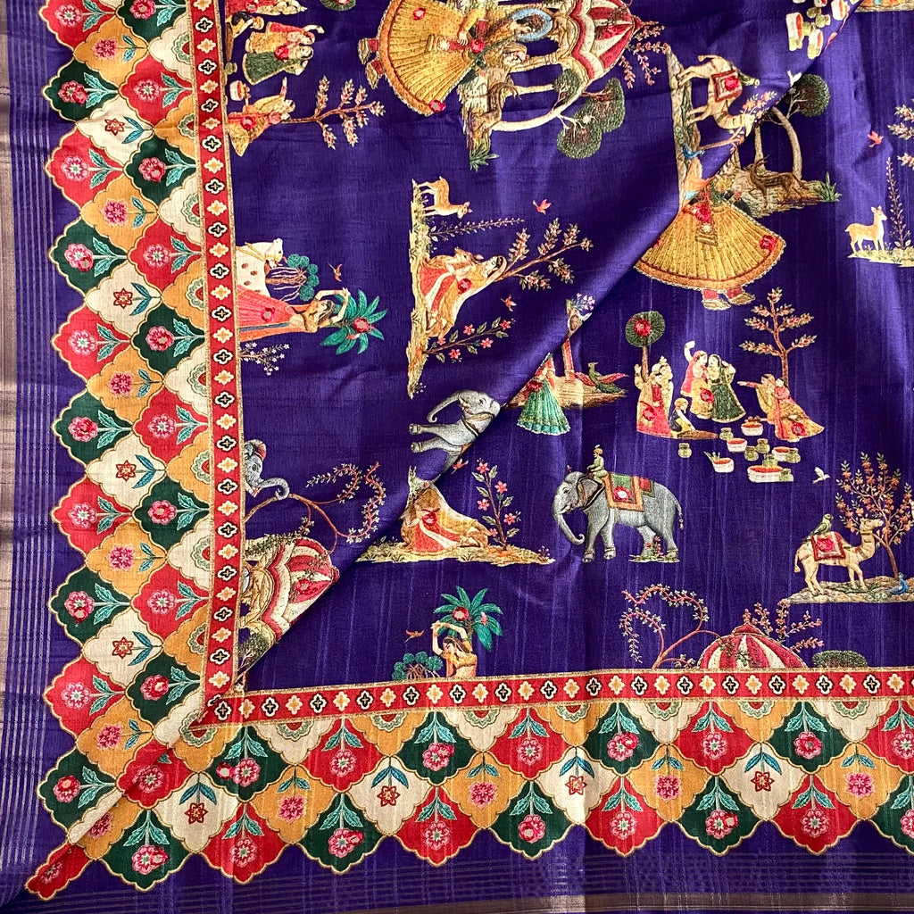 Indigo Purple  Designer Soft Printed Tussar Saree Mustard Yellow & Mirror Work