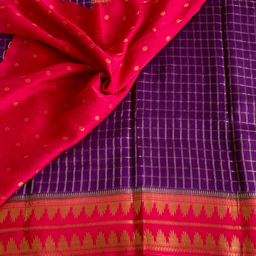Royal Purple Soft Tussar Silk Saree With Rani Pink Pallu