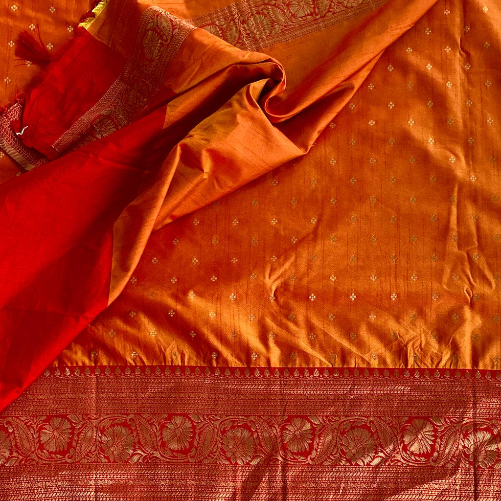 Tangerine Silk Saree Crimson Pallu Gold Zari Floral Border Tassel