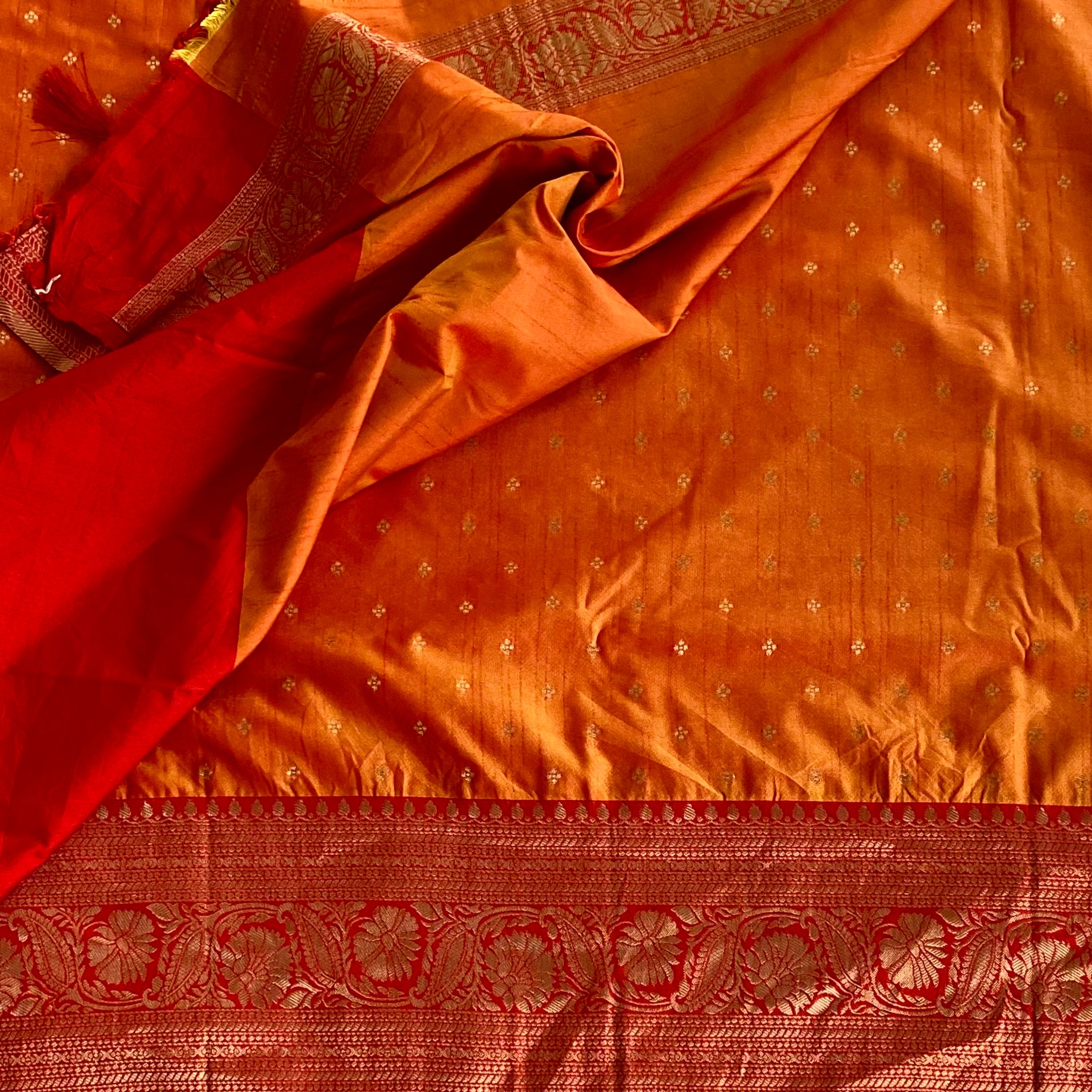 Tangerine Silk Saree Crimson Pallu Gold Zari Floral Border Tassel
