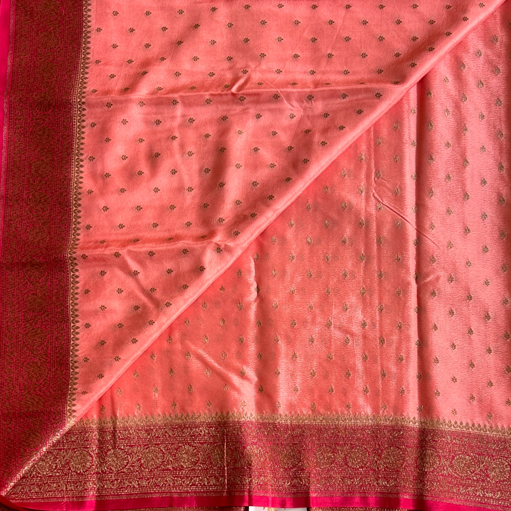 Dreamy Sorbet Peach with rani pink Soft Crepe silk with buttas