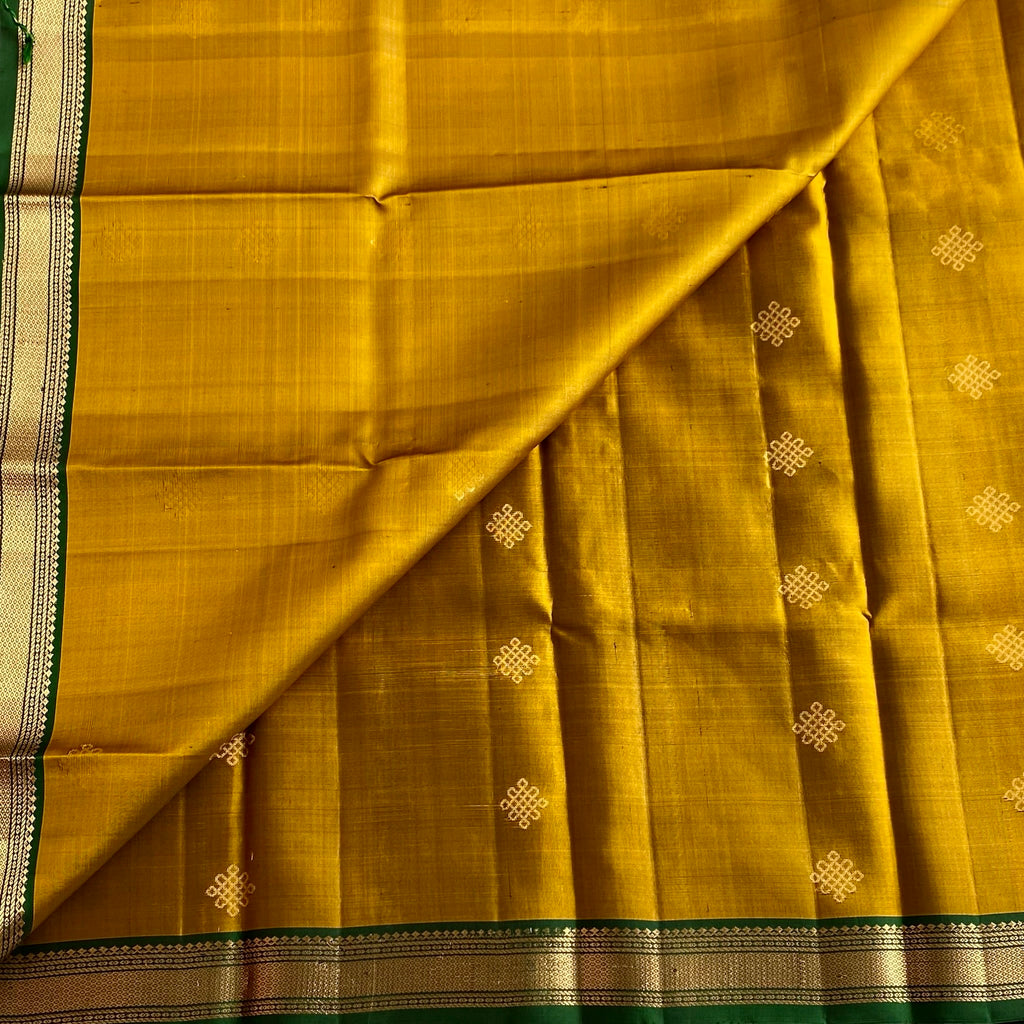 Mustard Yellow Kollam Zari Weave Designer Pure Silk Saree With Emerald Green Border
