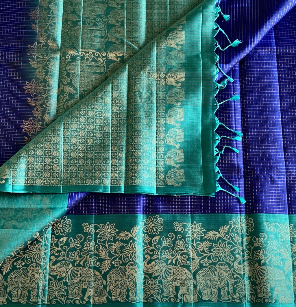 Teal Green Designer Pure Silk Saree With Royal Blue Panel