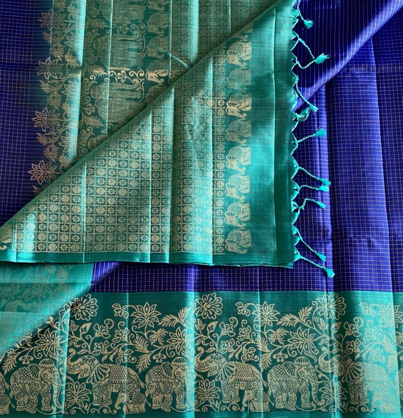 Teal Green Designer Pure Silk Saree With Royal Blue Panel