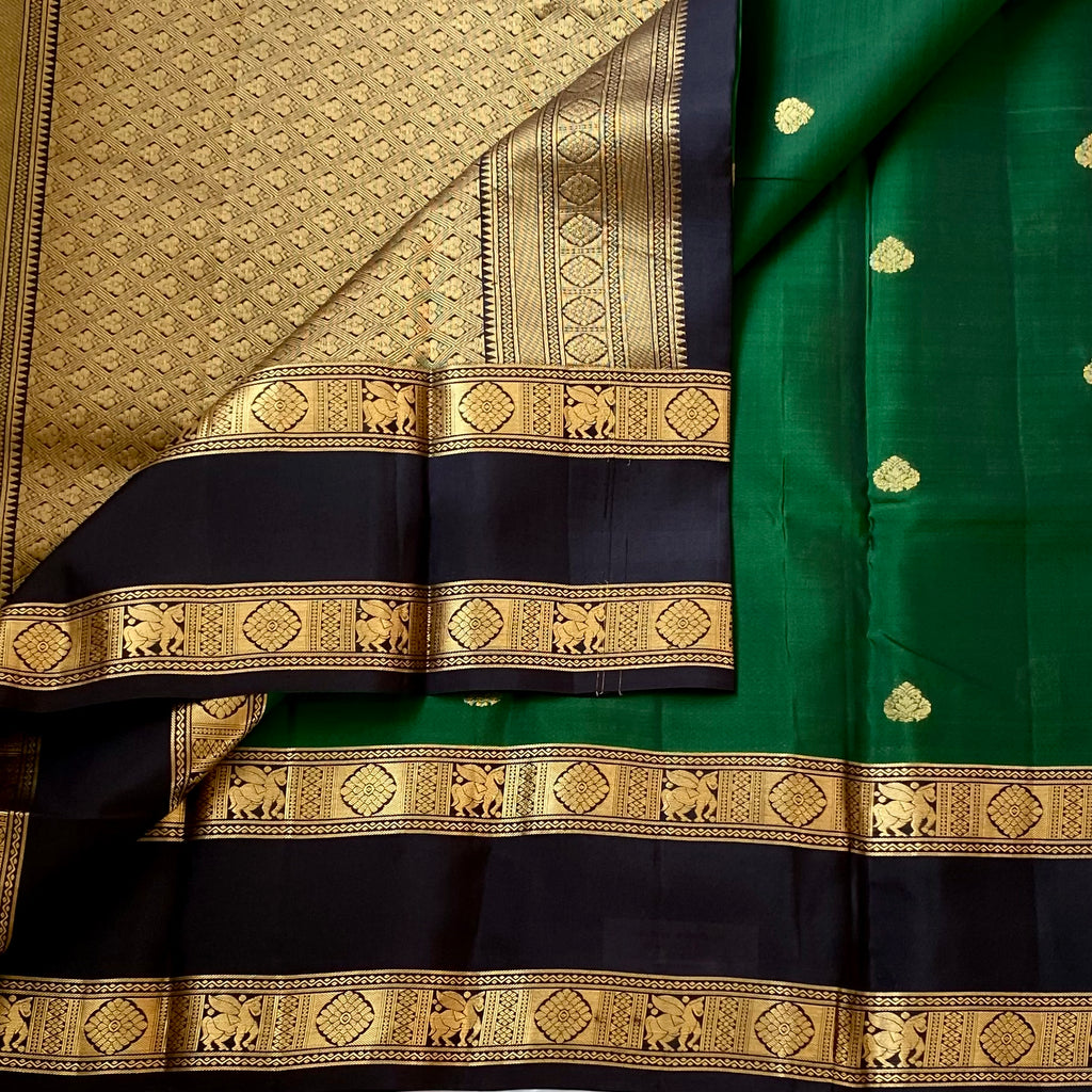 Emerald Green Silk Saree Gold Brocade Pallu Black Elephant Border