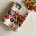 Ivory Designer Soft Printed Tussar Saree Mustard Yellow & Mirror Work