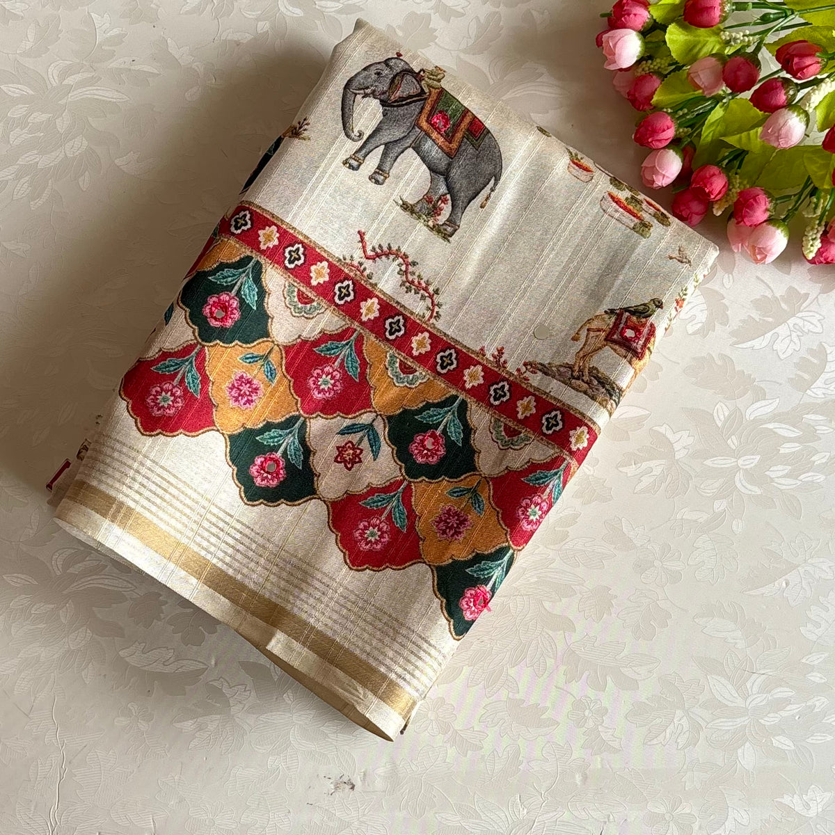 Ivory Designer Soft Printed Tussar Saree Mustard Yellow & Mirror Work