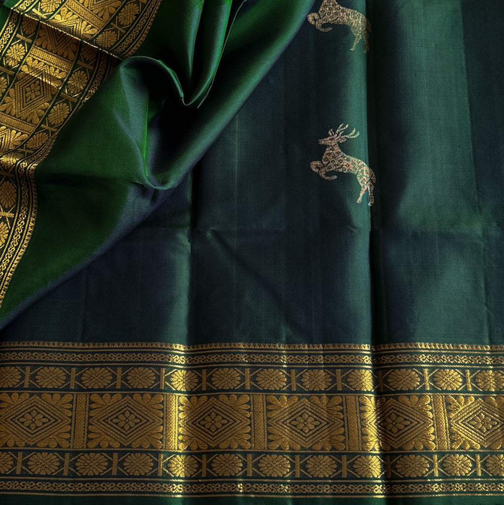 Peacock Teal Elegant Saree Gold Brocade Border Deer Motif Pallu
