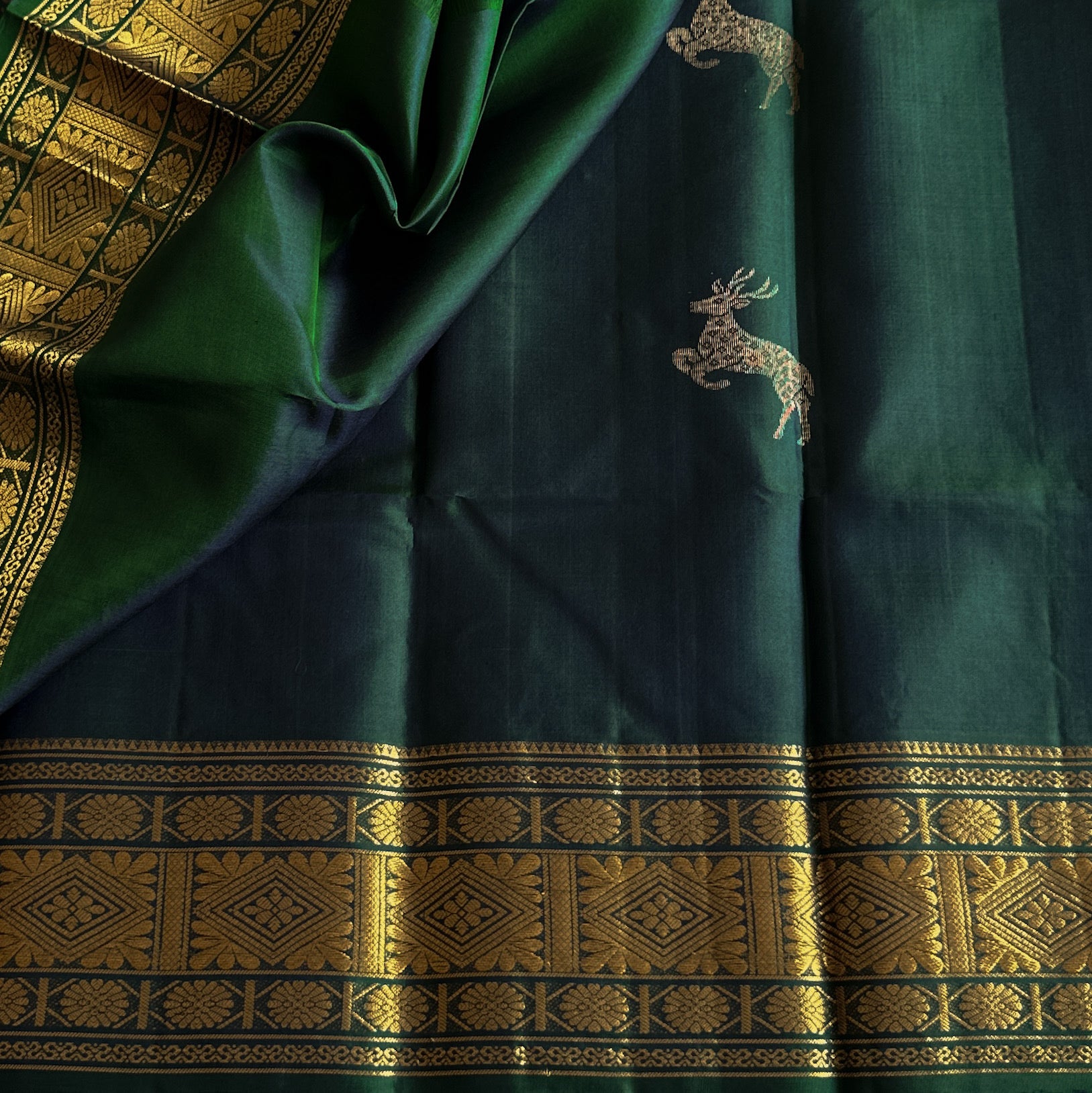 Peacock Teal Elegant Saree Gold Brocade Border Deer Motif Pallu