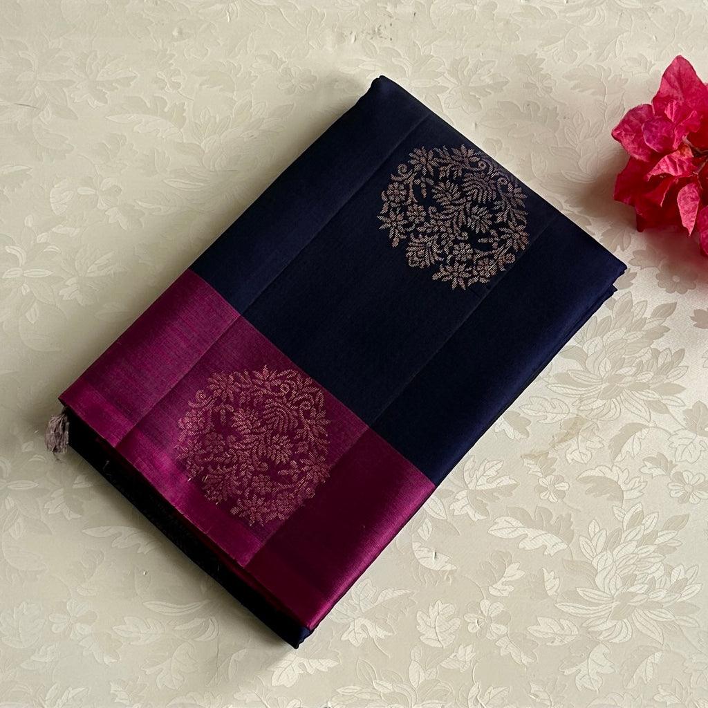 Magenta Navy Silk Saree Gold Zari Floral Pallu Traditional Wear