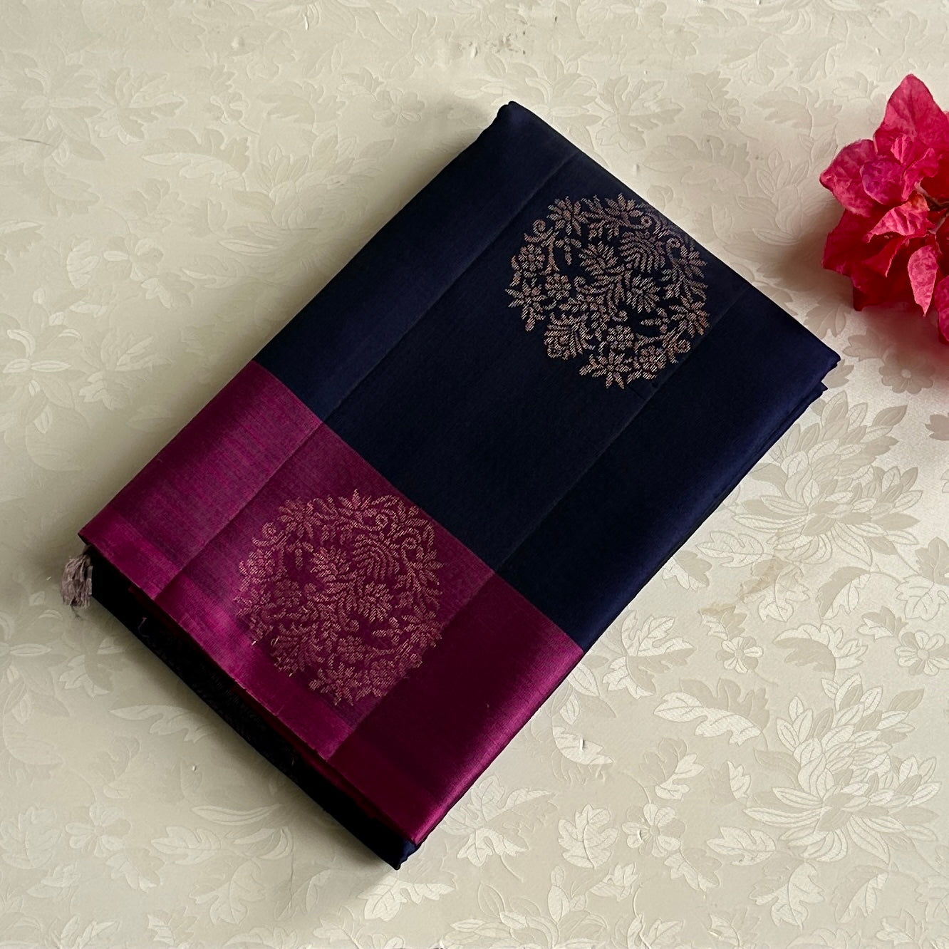 Magenta Navy Silk Saree Gold Zari Floral Pallu Traditional Wear