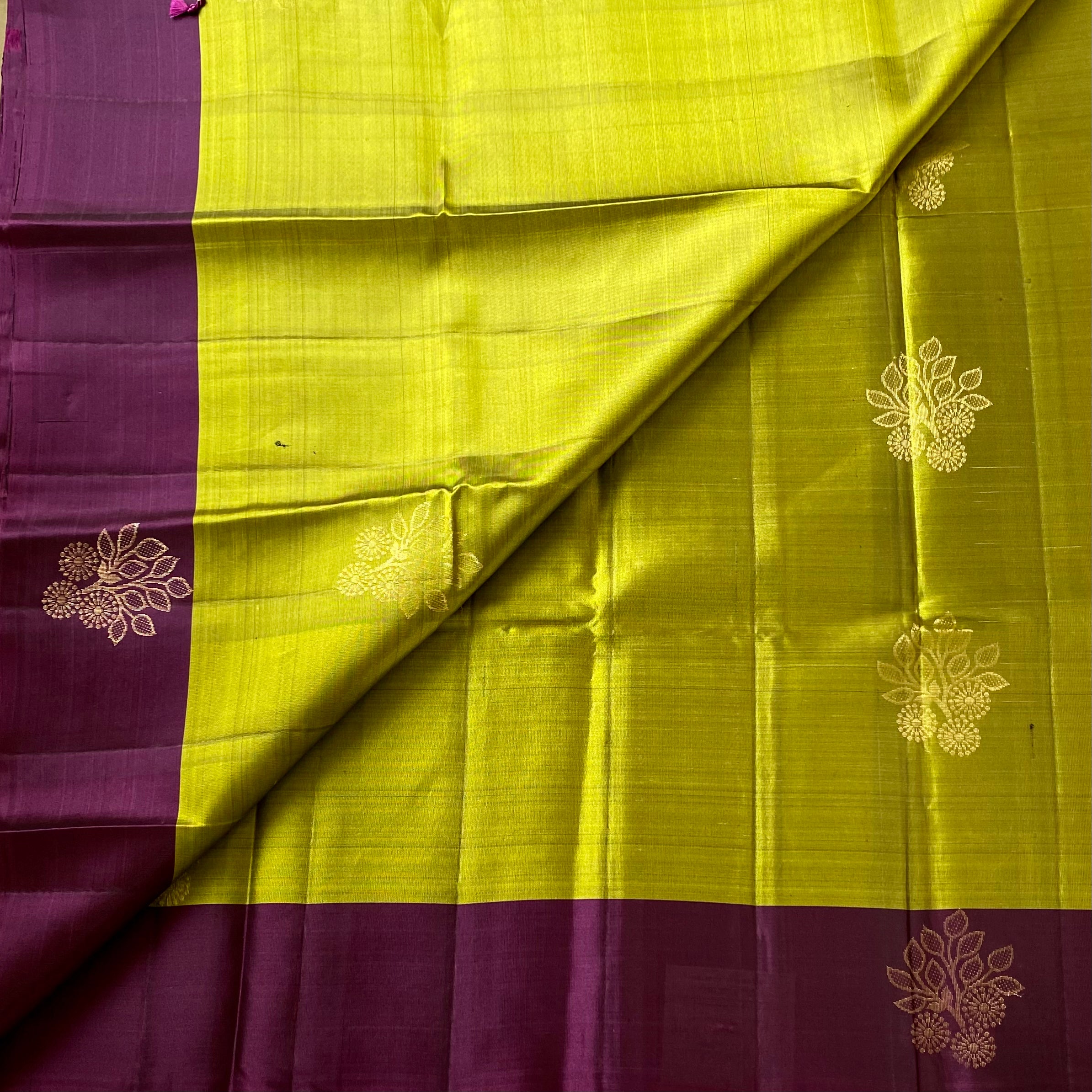 Chartreuse Silk Saree Royal Purple Gold Woven Pallu For Weddings