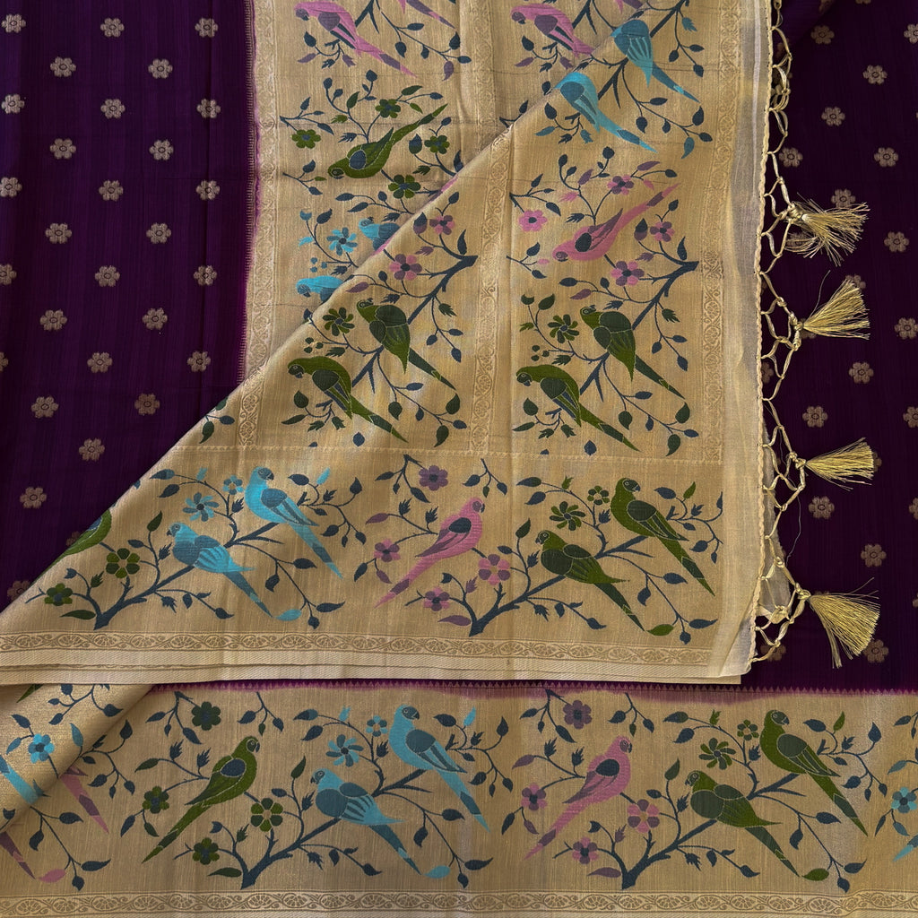 Plum Silk Saree Cream Bird Gold Zari Border Tassel Pallu
