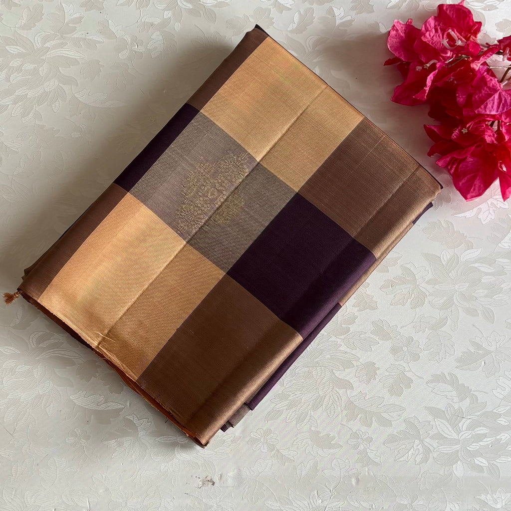 Antique Gold Designer Pure Silk Saree With Deep Plum Checks