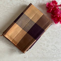 Antique Gold Designer Pure Silk Saree With Deep Plum Checks