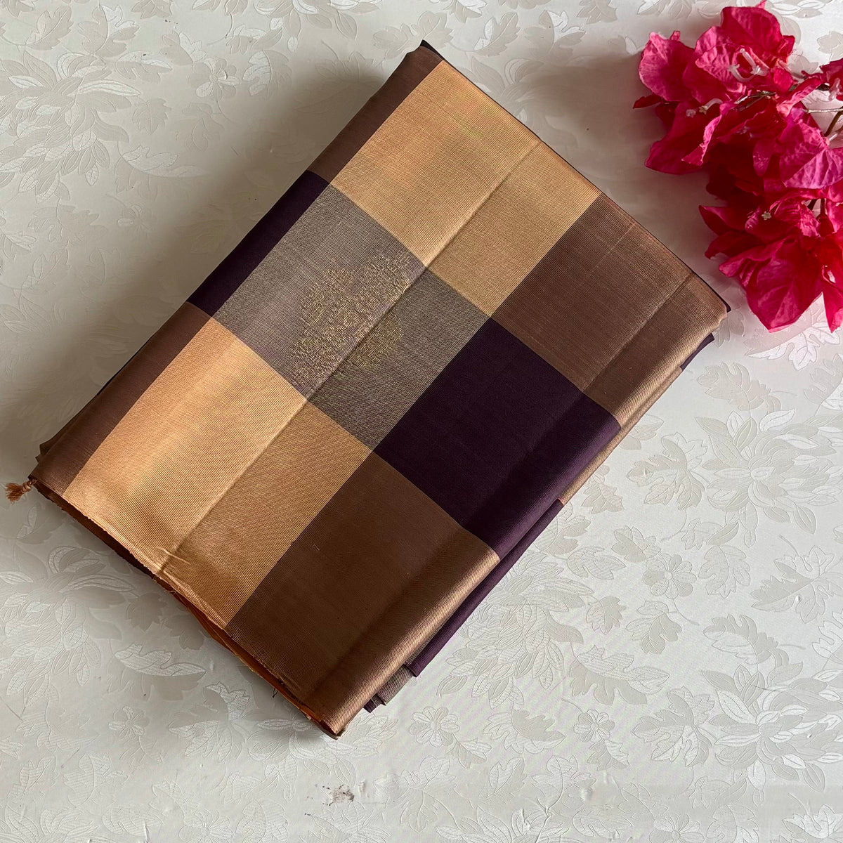 Antique Gold Designer Pure Silk Saree With Deep Plum Checks