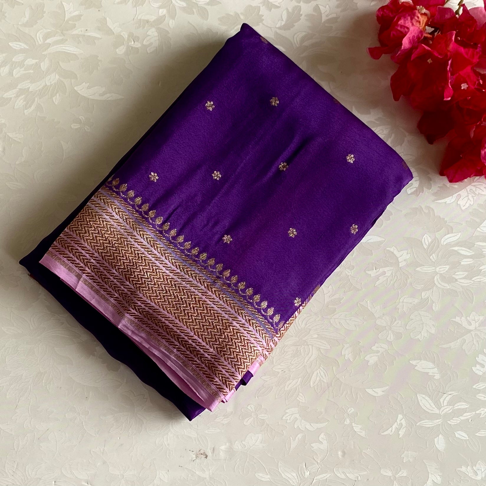 Banarasi Crepe Silk Royal Purple With Blush Pink Pallu And Gold Zari