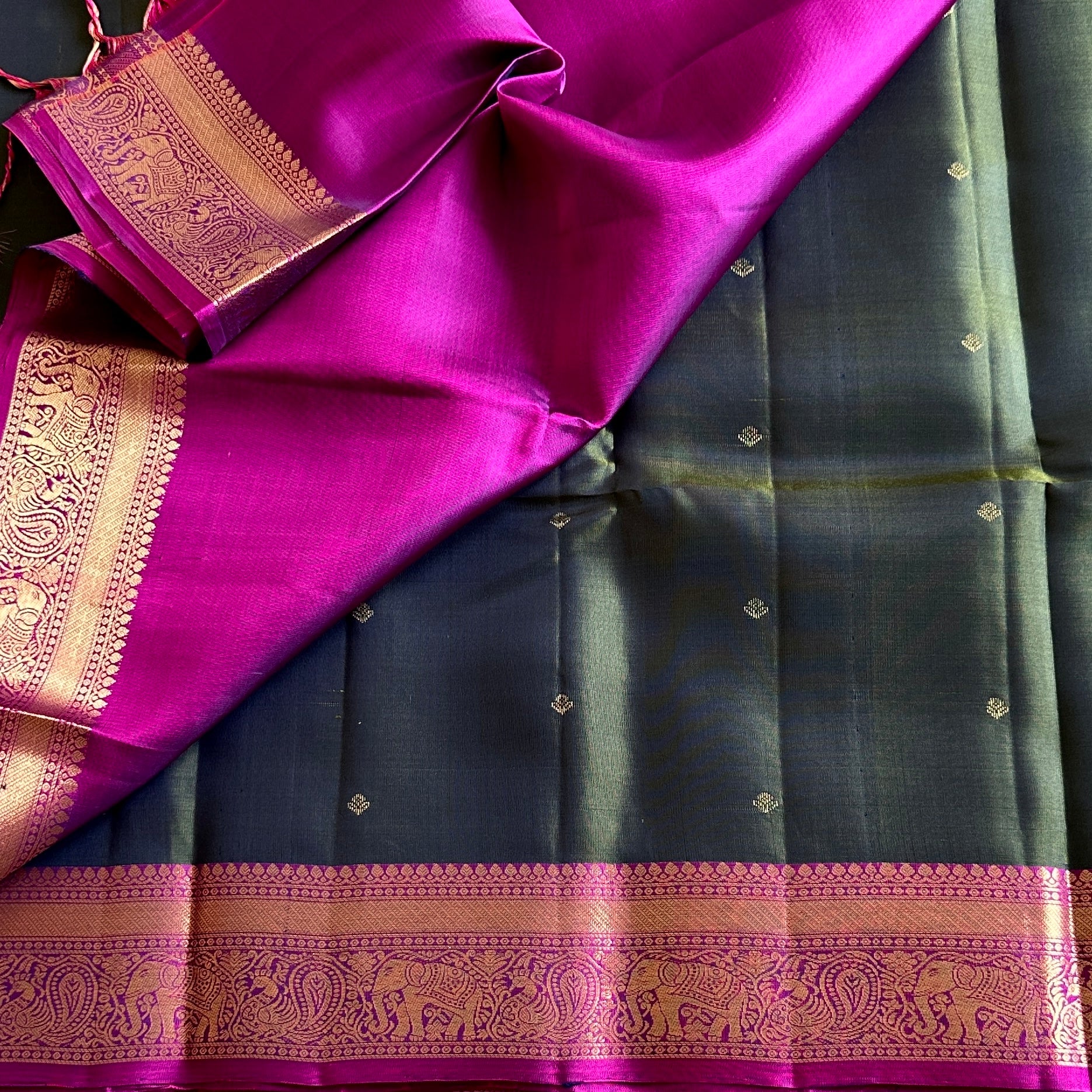 Olive Green Designer Pure Silk Saree Vivid Magenta Zari Border