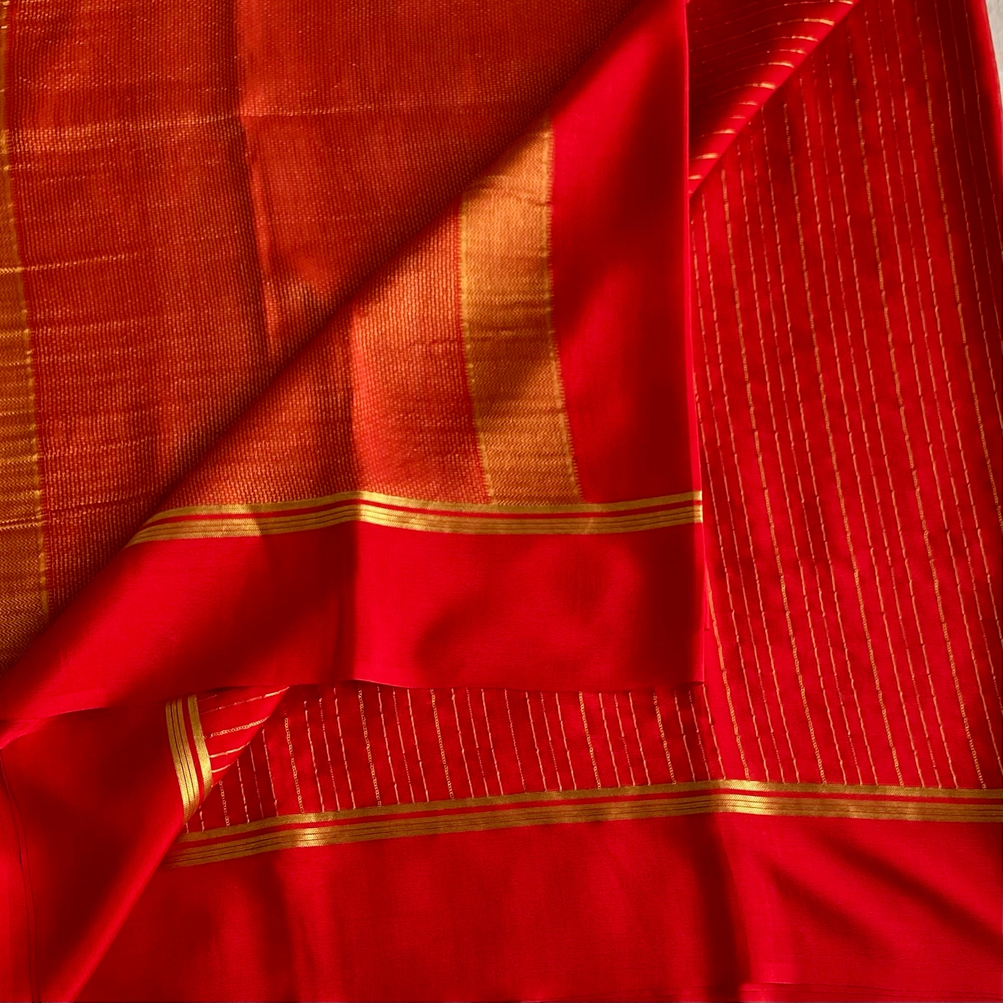 Crimson Red Mysore Crepe Silk Saree With Metallic Gold Stripes