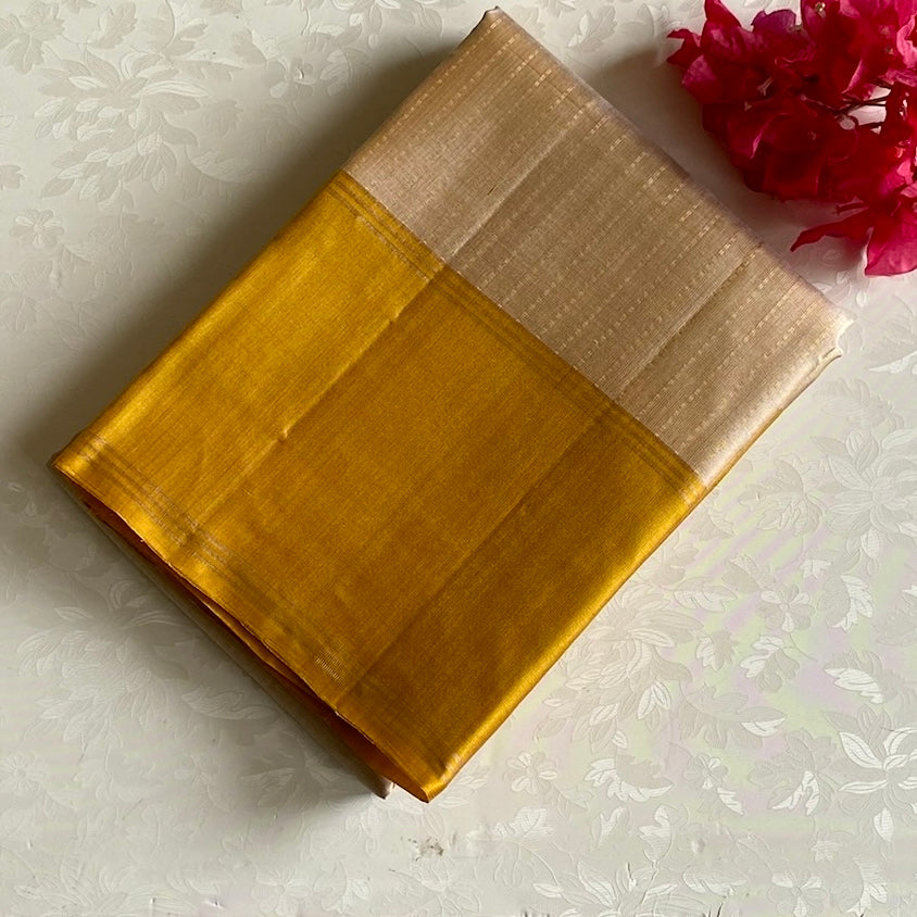 Champagne Beige With Mango Yellow Handloom Pure Silks