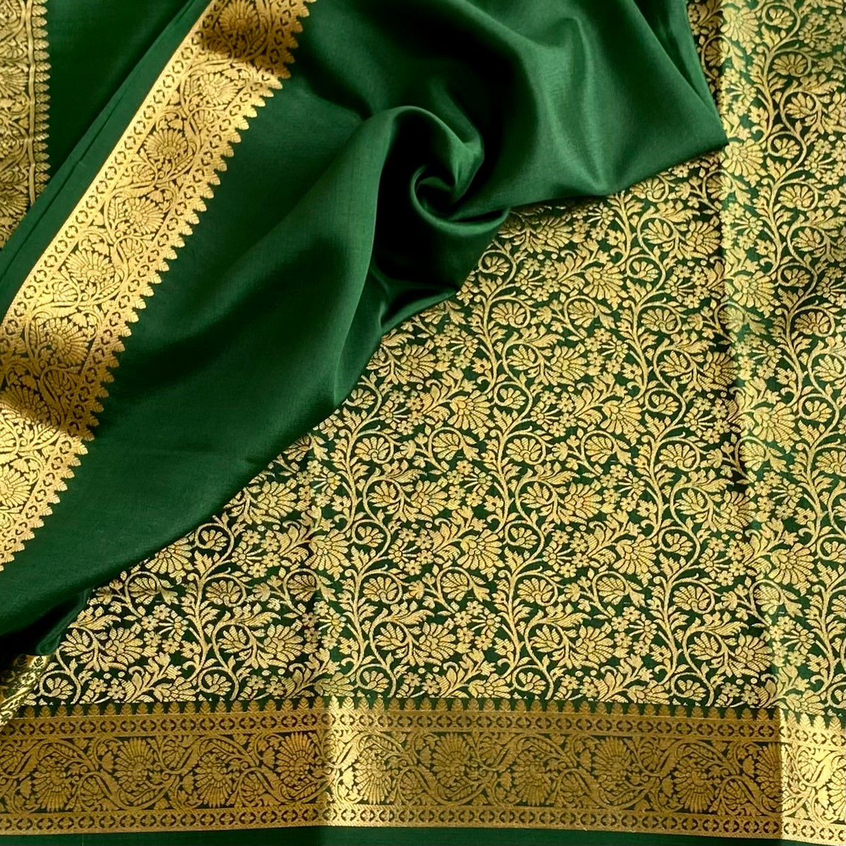 Mustard n Green Half n Half Mysore Crepe Silk Saree With Metallic Gold Zari Weave