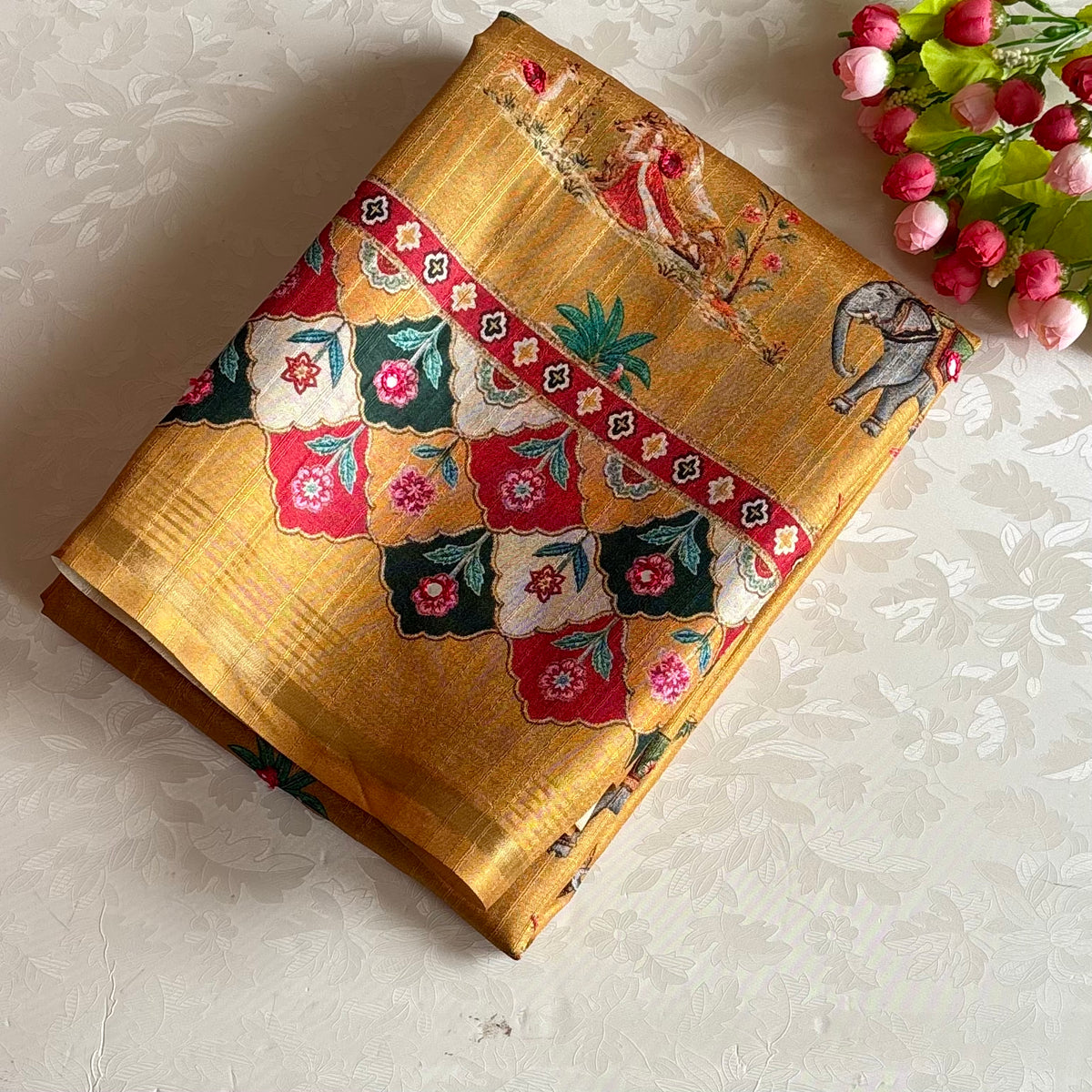 Golden Ochre Designer Soft Printed Tussar Saree Floral & Mirror Work