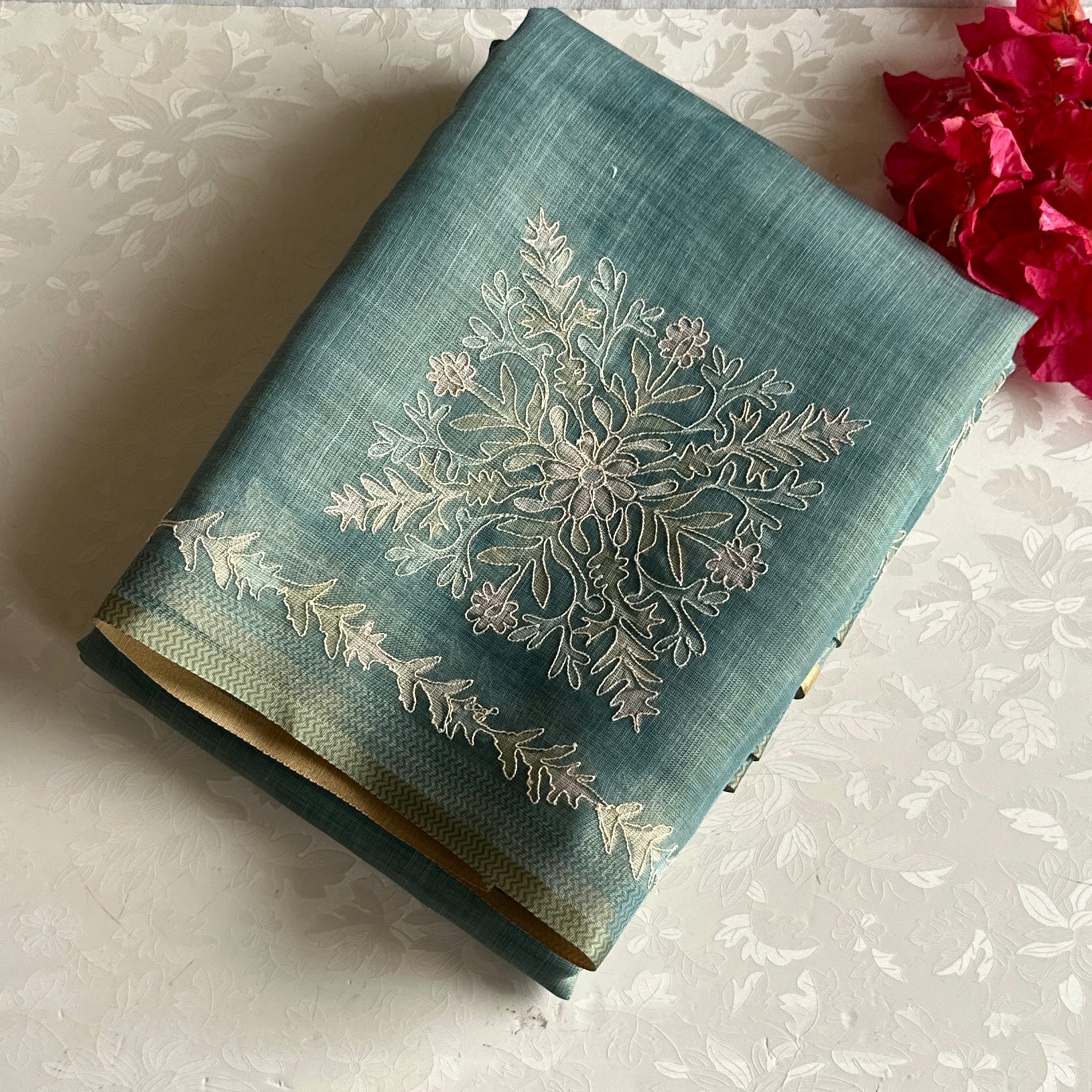 Pastel Powder Blue Soft Linen Designer Elegant With Antique Gold Embroidery