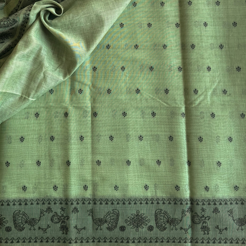 Mint Green Village Motif Saree With Peacock Border And Tassels